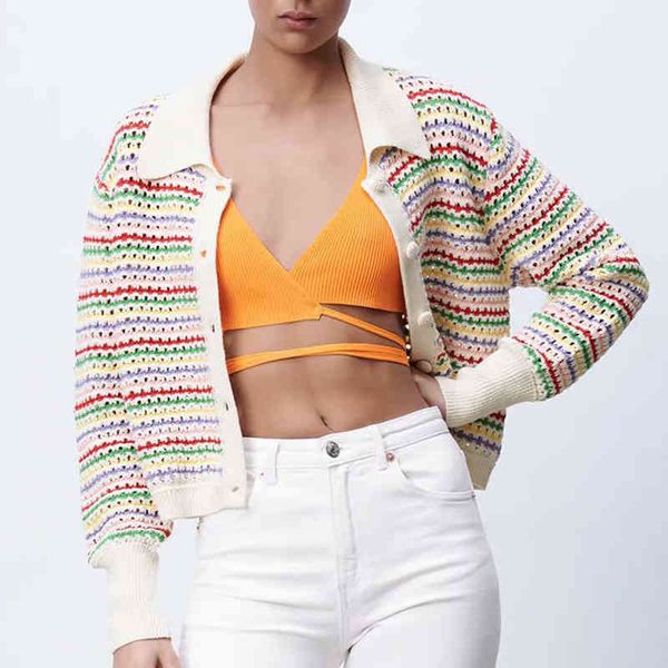 za spring autunm women hollow out knitted sweater striped long sleeve loose vintage turn down collar lady outwear 210422, White;black
za spring autunm women hollow out knitted sweater striped long sleeve loose vintage turn down collar lady outwear 210422, White;black