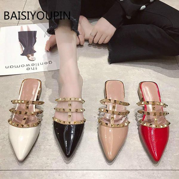 slippers nude shoes women flat slip on mules brand patent leather fashion luxury rivet t-strap slides loafers coarse outdoor, Black
slippers nude shoes women flat slip on mules brand patent leather fashion luxury rivet t-strap slides loafers coarse outdoor, Black