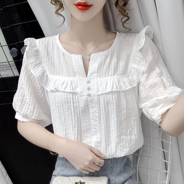 women's blouses & shirts 2021 women spring summer casual solid blouse female button ruffles chiffon short sleeve shirt ladies vintage p, White
women's blouses & shirts 2021 women spring summer casual solid blouse female button ruffles chiffon short sleeve shirt ladies vintage p, White