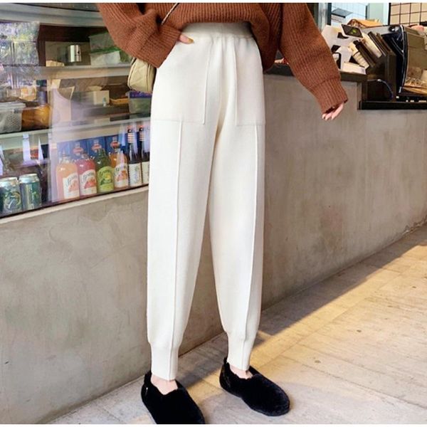 knitted harem women's pants warm joggers autumn solid high waist loose female 2021 streetwear casual ladies trousers & capris, Black;white 
knitted harem women's pants warm joggers autumn solid high waist loose female 2021 streetwear casual ladies trousers & capris, Black;white