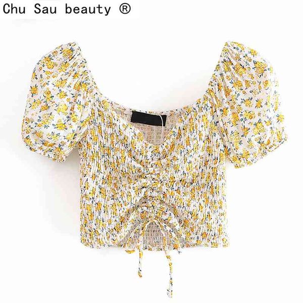 summer sweet pleated v-neck puff sleeve floral short shirts elastic holiday crop 210514, White 
summer sweet pleated v-neck puff sleeve floral short shirts elastic holiday crop 210514, White