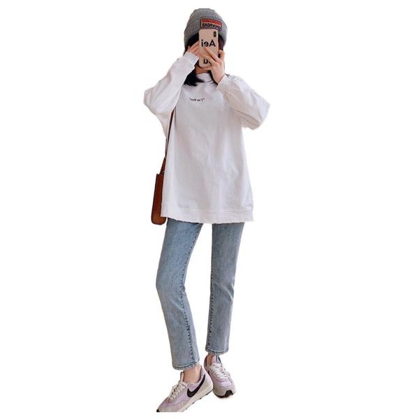 women's t-shirt spring 2021 casual solid color simple english embroidered loose and fashionable round neck sweater a349, White
women's t-shirt spring 2021 casual solid color simple english embroidered loose and fashionable round neck sweater a349, White