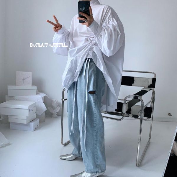 women's blouses & shirts stand-up collar lantern sleeve shirt dress irregular drawstring loose casual fashion trend dresses estidos, White
women's blouses & shirts stand-up collar lantern sleeve shirt dress irregular drawstring loose casual fashion trend dresses estidos, White