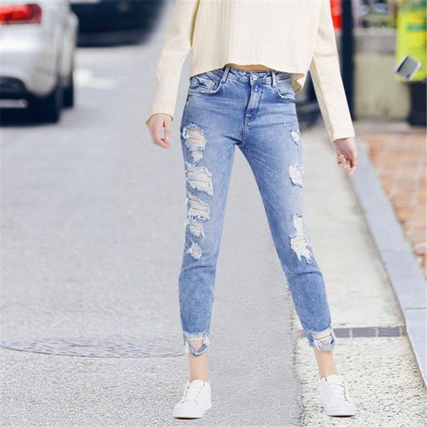 women's jeans 2021 autumn personality worn and ripped feet fashion temperament commuting casual trousers show legs, Blue
women's jeans 2021 autumn personality worn and ripped feet fashion temperament commuting casual trousers show legs, Blue