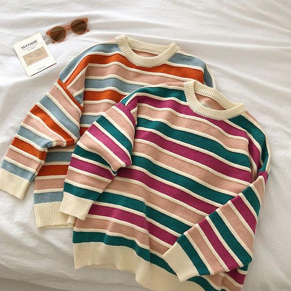 women's sweaters korean chic fresh contrast color striped women sweater sweet jumper o-neck long sleeve knit pullovers loose all-match, White;black
women's sweaters korean chic fresh contrast color striped women sweater sweet jumper o-neck long sleeve knit pullovers loose all-match, White;black