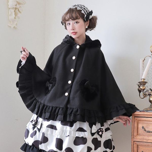 women's wool & blends hood fur cloak cape coat lolita cute women winter tweed warm jacket velvet shawl outfit gothic overcoat for girls, Black
women's wool & blends hood fur cloak cape coat lolita cute women winter tweed warm jacket velvet shawl outfit gothic overcoat for girls, Black