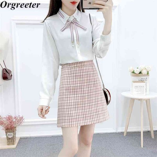 autumn two piece girls student set lapel long sleeve ribbon lace-up chiffon shirt and plaid a-line mini skirt suits 210602, White
autumn two piece girls student set lapel long sleeve ribbon lace-up chiffon shirt and plaid a-line mini skirt suits 210602, White