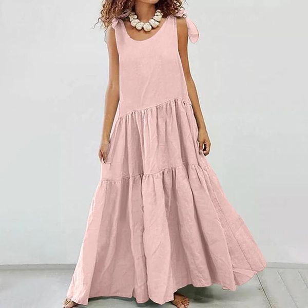 casual dresses solid color long dress women loose strap bow high waist female summer beach round neck big swing vestidos, Black;gray
casual dresses solid color long dress women loose strap bow high waist female summer beach round neck big swing vestidos, Black;gray