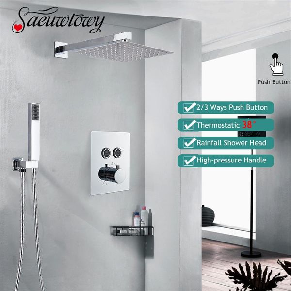 luxury thermostatic bathroom shower faucet rainfall head rotate/waterfall bath tub spout 23 way push key chrome mixer tap sets