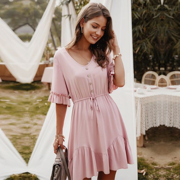 2020 new elegant solid v neck spring summer lace up button ruffles sleeve a line mini dress pink yellow, Black;gray
2020 new elegant solid v neck spring summer lace up button ruffles sleeve a line mini dress pink yellow, Black;gray