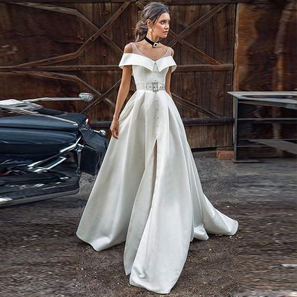 casual dresses off shoulder high split satin bride dress backless beach boho wedding gown vestidos de novia, Black;gray
casual dresses off shoulder high split satin bride dress backless beach boho wedding gown vestidos de novia, Black;gray