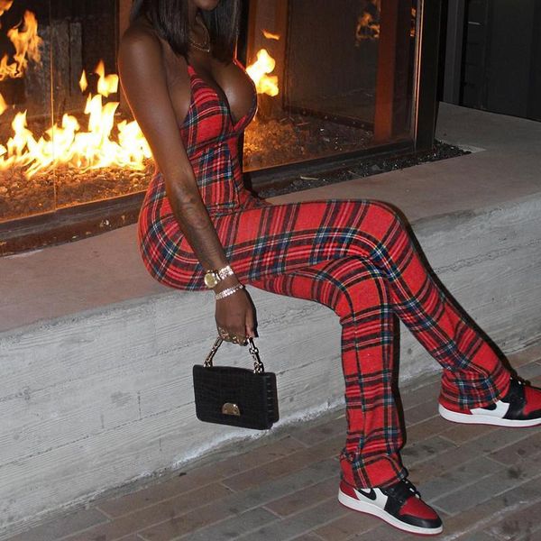 women's jumpsuits & rompers xingqing halter jumpsuit sleeveless deep v neck plaid print one piece romper pants body suits for women ove, Black;white 
women's jumpsuits & rompers xingqing halter jumpsuit sleeveless deep v neck plaid print one piece romper pants body suits for women ove, Black;white