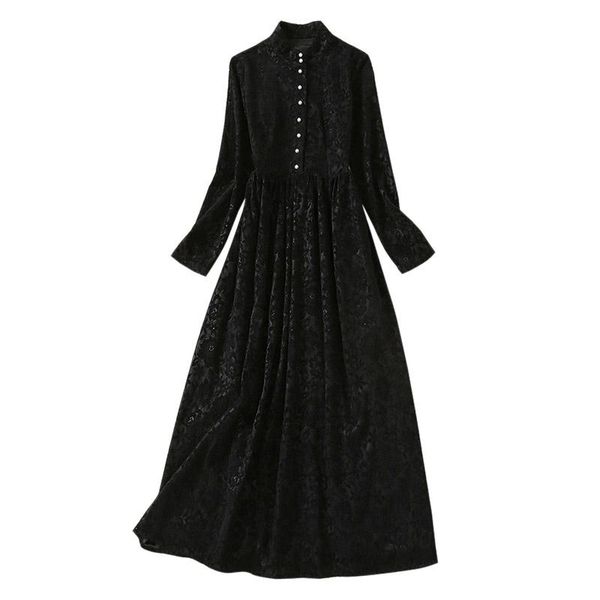 casual dresses stand collar white buttons long sleeve draped ankle length elegant black lace party gown woman ceremony promoti, Black;gray
casual dresses stand collar white buttons long sleeve draped ankle length elegant black lace party gown woman ceremony promoti, Black;gray