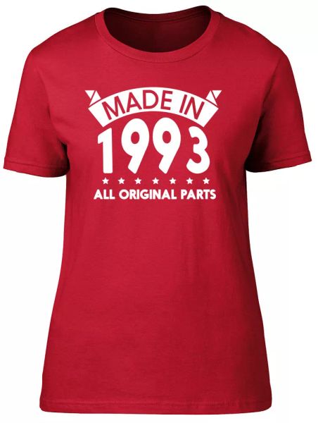 made in 1993, all original parts birthday womens ladies short sleeve t-shirt, White;black
made in 1993, all original parts birthday womens ladies short sleeve t-shirt, White;black