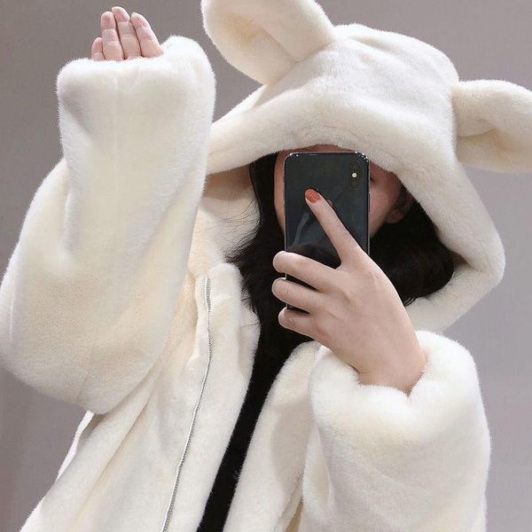 women's fur & faux winter woman coat 2021 elegant lady casual solid kawaii teddy jacket female sweet warm hooded plush outerwear, Black
women's fur & faux winter woman coat 2021 elegant lady casual solid kawaii teddy jacket female sweet warm hooded plush outerwear, Black