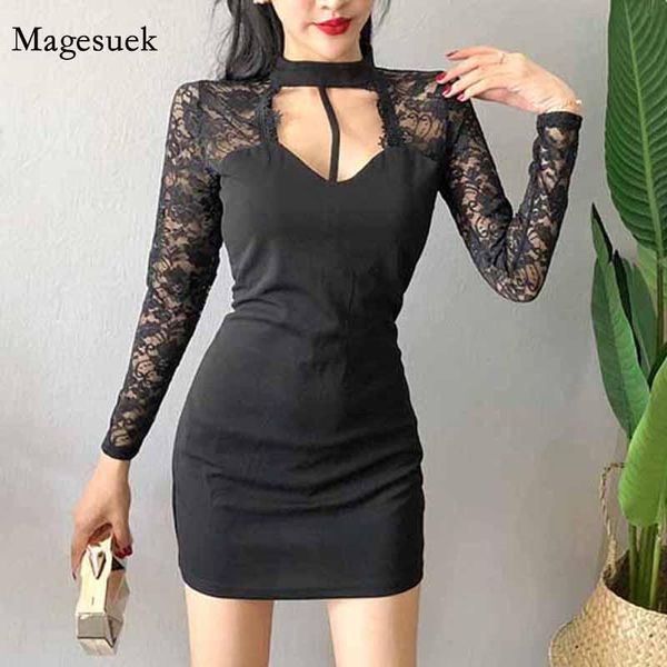autumn winter slim bodycon mini high waist dress ladies fashion hollow out lace stitching halterneck for women 12373 casual dresses, Black;gray