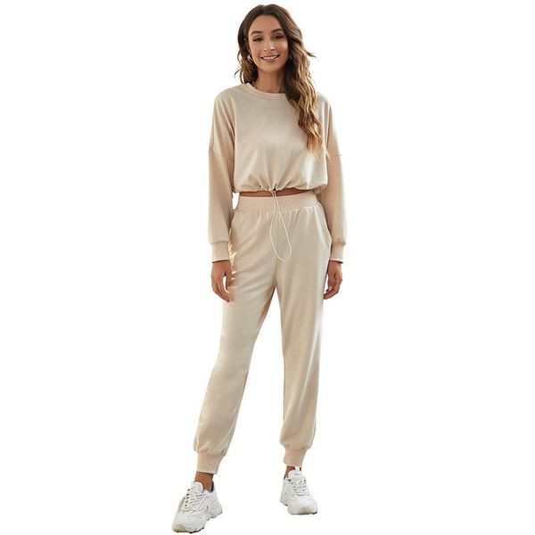women's two piece pants 2021 autumn product round neck simplicity short drawstring hoodie two-piece suit, White
women's two piece pants 2021 autumn product round neck simplicity short drawstring hoodie two-piece suit, White