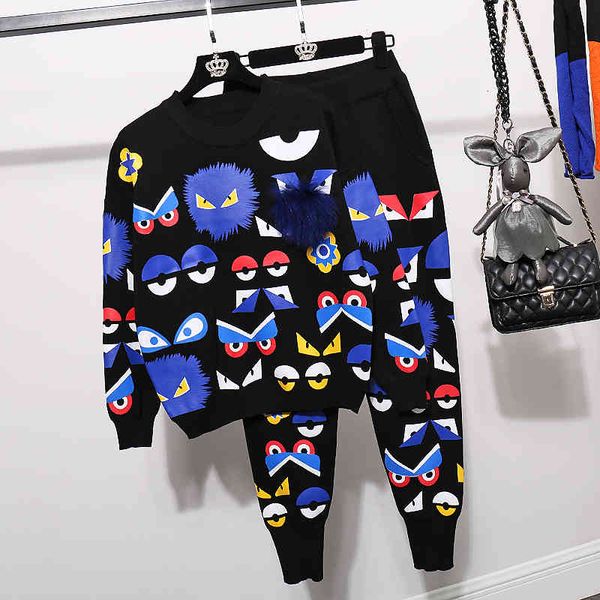 women's two piece pants autumn print pullovers knitted suit women cartoon eyes knit sweaters and long set female, White
women's two piece pants autumn print pullovers knitted suit women cartoon eyes knit sweaters and long set female, White