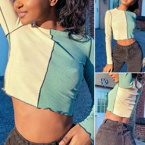 women's fashion contrast color stitching lace thread knitted long sleeve green t-shirt, White
women's fashion contrast color stitching lace thread knitted long sleeve green t-shirt, White