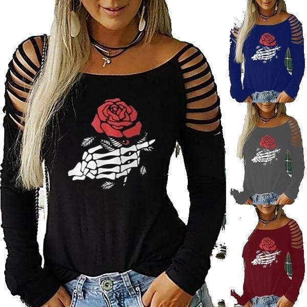 women's tees t-shirt 2021 shoulder pull round neck printed long sleeve t-shirt women, White
women's tees t-shirt 2021 shoulder pull round neck printed long sleeve t-shirt women, White