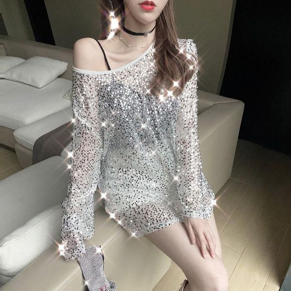 women's t-shirt irregular hollow shoulder fish net sequin fashion aesthetic long goth party club cape cloak t shirt luxury tee, White
women's t-shirt irregular hollow shoulder fish net sequin fashion aesthetic long goth party club cape cloak t shirt luxury tee, White
