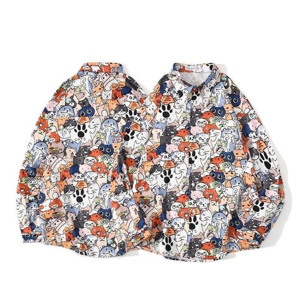 men's casual shirts autumn ins cartoon cat print for men high school students clothing, White;black
men's casual shirts autumn ins cartoon cat print for men high school students clothing, White;black