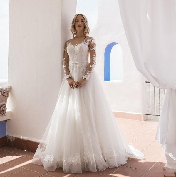 scoop neck a line long sleeves lace wedding dresses with sash appliqued sweep train tulle bridal gowns vestidos de novia, White
scoop neck a line long sleeves lace wedding dresses with sash appliqued sweep train tulle bridal gowns vestidos de novia, White