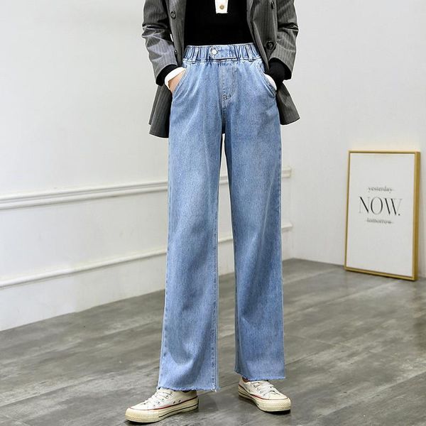 women's jeans fray hem elastic high waist wide leg straight loose for women, Blue
women's jeans fray hem elastic high waist wide leg straight loose for women, Blue