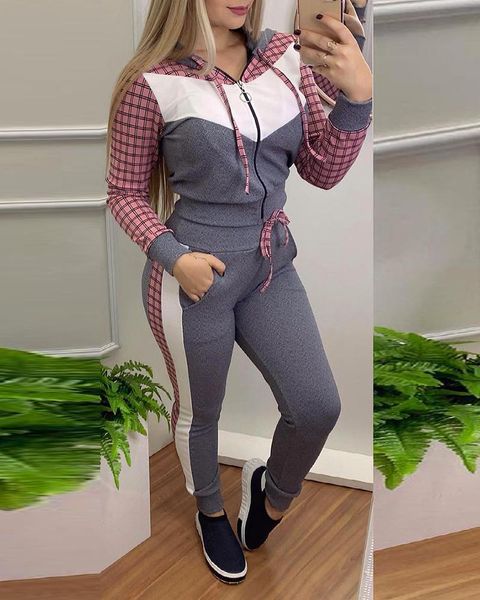 women's two piece pants two-piece set women casual hoodied zipper long sleeve drawstring pencil plaid patchwork suits, White
women's two piece pants two-piece set women casual hoodied zipper long sleeve drawstring pencil plaid patchwork suits, White