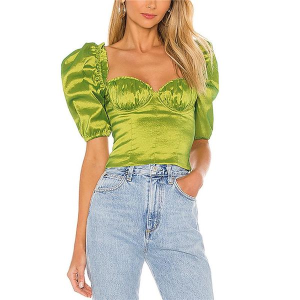 women's t-shirt women\u2021s fashion puff sleeve style sweet solid color square collar pleated exposed navel summer, White
women's t-shirt women\u2021s fashion puff sleeve style sweet solid color square collar pleated exposed navel summer, White