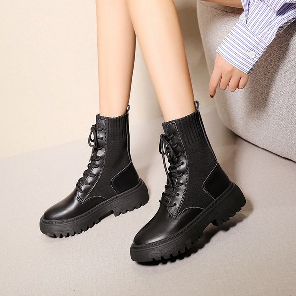 boots knitted genuine leather women's autumn winter fashion lacing thick bottom non-slip round head casual 5d73, Black
boots knitted genuine leather women's autumn winter fashion lacing thick bottom non-slip round head casual 5d73, Black