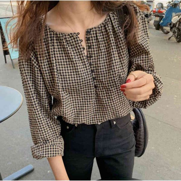 women's blouses & shirts women spring long sleeve round collar small plaid blouse with buttons casual shirt loose short f3it, White
women's blouses & shirts women spring long sleeve round collar small plaid blouse with buttons casual shirt loose short f3it, White