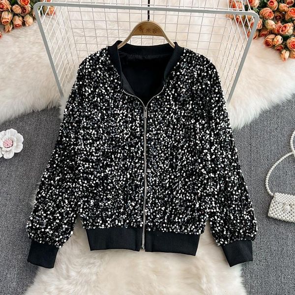 women's jackets autumn winter black/white sequins elegant v-neck long sleeve zipper coat female shining bling baseball outerwear, Black;brown
women's jackets autumn winter black/white sequins elegant v-neck long sleeve zipper coat female shining bling baseball outerwear, Black;brown