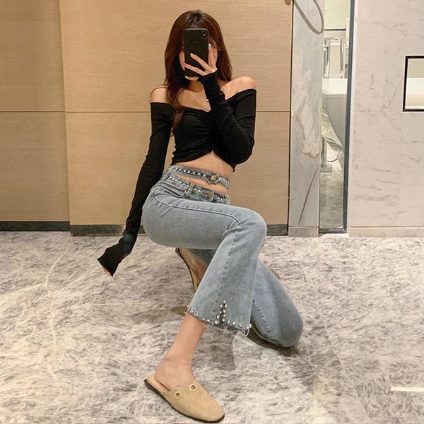 women's jeans will hollow out set auger high elastic waist flares nine points that show hilum cultivate one's morality bootleg wom, Blue 
women's jeans will hollow out set auger high elastic waist flares nine points that show hilum cultivate one's morality bootleg wom, Blue