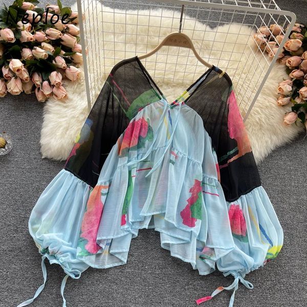 women's blouses & shirts neploe summer flower printed chiffon women drawstring puff sleeve loose female contrast color v-neck blusas, White
women's blouses & shirts neploe summer flower printed chiffon women drawstring puff sleeve loose female contrast color v-neck blusas, White