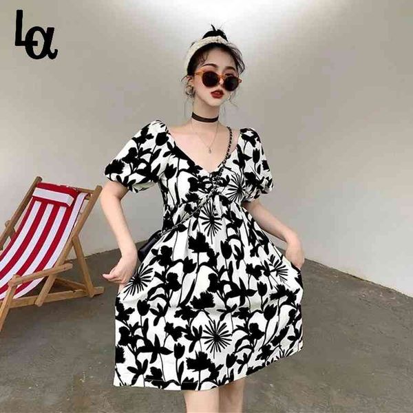 women elegant v-neck print puff sleeve dress casual korean style summer high waist female boho vestidos 210519, Black;gray
women elegant v-neck print puff sleeve dress casual korean style summer high waist female boho vestidos 210519, Black;gray