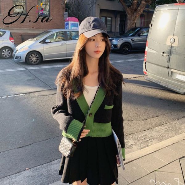 h.sa short slim patchwork v-neck sweater women spring and autumn single-breasted knitted cardigan black 210417, White;black
h.sa short slim patchwork v-neck sweater women spring and autumn single-breasted knitted cardigan black 210417, White;black