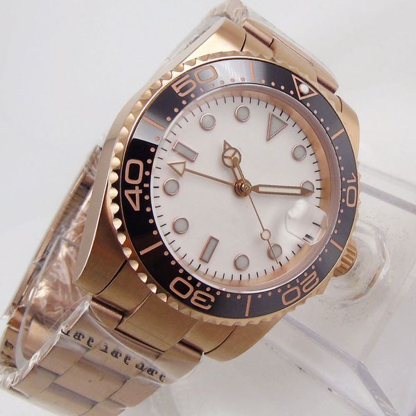 rose gold 40mm men's watch nolog dial gmt automatic clockwork sapphire glass deployment closing ceramic shutter date window, Slivery;brown
rose gold 40mm men's watch nolog dial gmt automatic clockwork sapphire glass deployment closing ceramic shutter date window, Slivery;brown