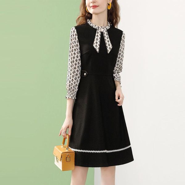 office lady print spliced a-line dress women spring chic elegant long sleeve party vintage knee length casual dresses, Black;gray
office lady print spliced a-line dress women spring chic elegant long sleeve party vintage knee length casual dresses, Black;gray