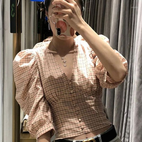 women's blouses & shirts vintage plaid buttons short cardigan blouse women spring summer elegant v neck puff sleeve crop ladies shirt s, White
women's blouses & shirts vintage plaid buttons short cardigan blouse women spring summer elegant v neck puff sleeve crop ladies shirt s, White