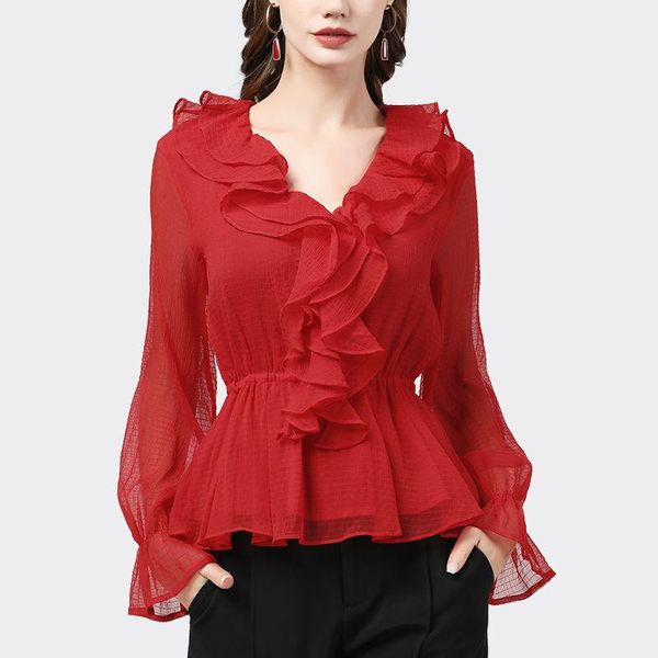 women's blouses & shirts women blouse chiffon shirt flared long sleeve ruffled v-neck red autumn clothing blusas mujer de moda, White
women's blouses & shirts women blouse chiffon shirt flared long sleeve ruffled v-neck red autumn clothing blusas mujer de moda, White