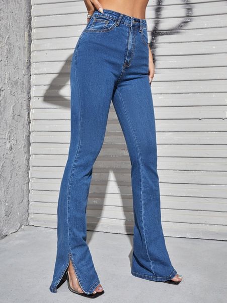 high waist split hem jeans a7r3#, Blue
high waist split hem jeans a7r3#, Blue