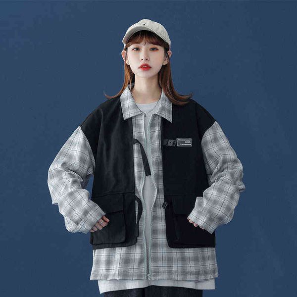21 autumn plaid color matching lapel loose long sleeve hem zipper jacket youth neutral w301-p83, Black;brown
21 autumn plaid color matching lapel loose long sleeve hem zipper jacket youth neutral w301-p83, Black;brown