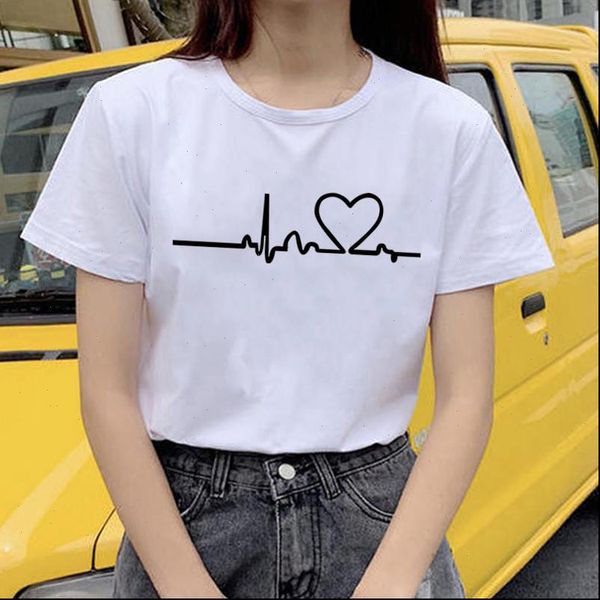o neck summer womens t shirts short sleeve harajuku heartbeat love printed casual tee clothing, White
o neck summer womens t shirts short sleeve harajuku heartbeat love printed casual tee clothing, White