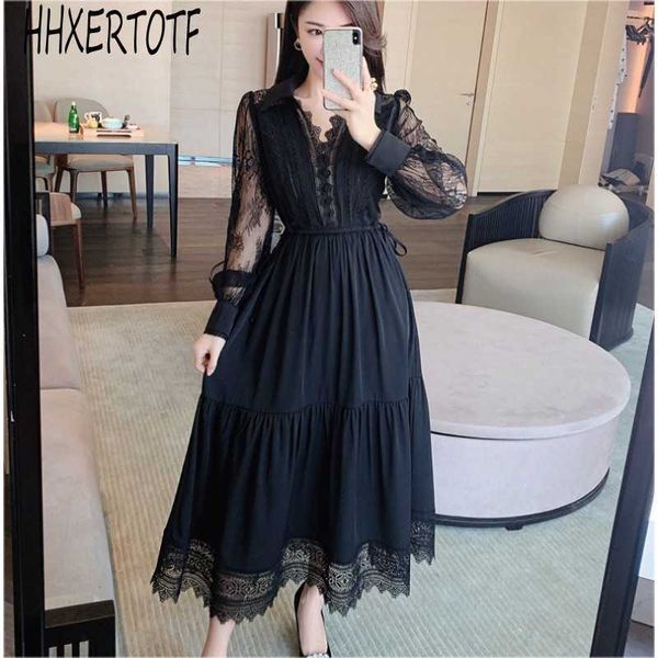spring fashion temperament women black lace stitching long sleeves turn down collar dresses 210531, Black;gray
spring fashion temperament women black lace stitching long sleeves turn down collar dresses 210531, Black;gray