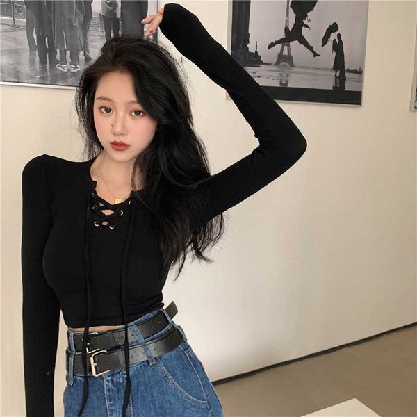women's t-shirt v-neck tie slim short long-sleeved knitted t-shirt autumn black inner base shirt y89m, White
women's t-shirt v-neck tie slim short long-sleeved knitted t-shirt autumn black inner base shirt y89m, White