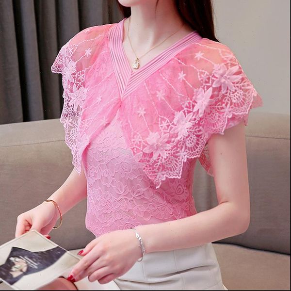 lace short sleeved chiffon women shirt hollow out pink embroidered v neck female 680f, White
lace short sleeved chiffon women shirt hollow out pink embroidered v neck female 680f, White