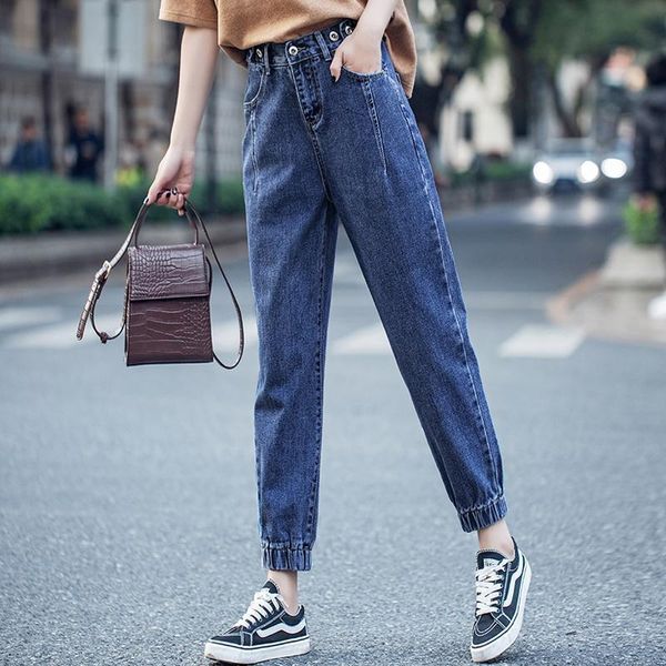 women's spring autumn style cotton jeans elastic waist pockets button solid color loose ankle-length pants kk0324, Blue
women's spring autumn style cotton jeans elastic waist pockets button solid color loose ankle-length pants kk0324, Blue