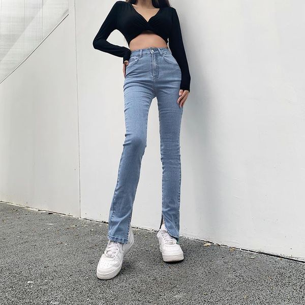 women's jeans stretch woman high waist femme split pencil tight denim skinny trousers flared pants women donna bell bottom, Blue 
women's jeans stretch woman high waist femme split pencil tight denim skinny trousers flared pants women donna bell bottom, Blue