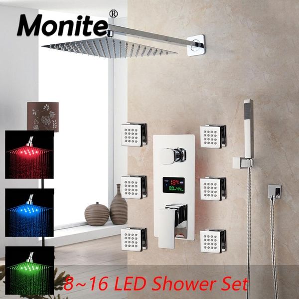 monite 8~16 inch led bathroom shower set faucet square chrome brass message jets digital display rainfall kit hand sets
monite 8~16 inch led bathroom shower set faucet square chrome brass message jets digital display rainfall kit hand sets